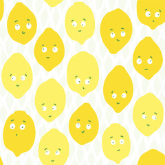 colorful vector hand drawn messy lemon fruits summer seasonal seamless repeat pattern on white background with delicate leaf shapes - 614718055