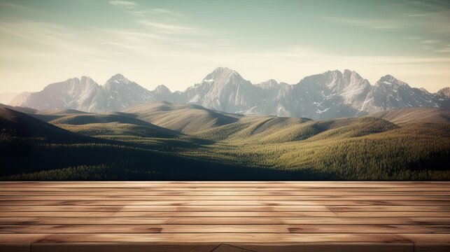 Wooden table background with landscape of mountains,