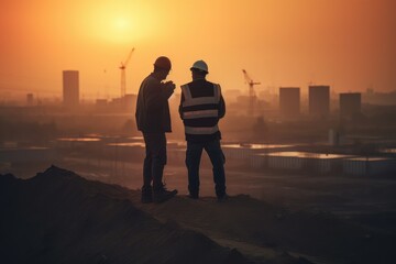 Two workers at a construction site at sunset
