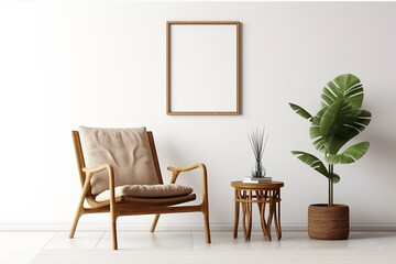 Fototapeta na wymiar Blank picture frame mockup on gray wall. White living room design. generative AI