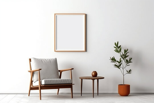 Blank picture frame mockup on gray wall. White living room design. generative AI