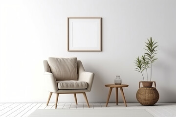 Blank picture frame mockup on gray wall. White living room design. generative AI