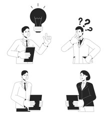 Office people working hard bw vector spot illustration set. Male and female employees 2D cartoon flat line monochromatic characters for web UI design. Editable isolated outline hero image pack