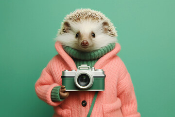 Portrait of hedgehog in sweater holding a camera. Minimal creative scene with wild animal in elegant pastel pink clothes. Trendy hipster style. Abstract, illustrated, generative AI.