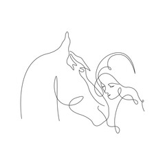 The horse and the girl are drawn in the style of minimalism. Concept of love and protection of animals. Design for tattoo, equestrian clubs, decor, decoration, t-shirt print, banner. Isolated vector