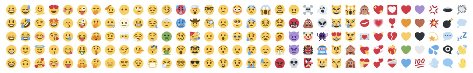 Big set of yellow emoji. Funny emoticons faces with facial expressions. On transparent background.