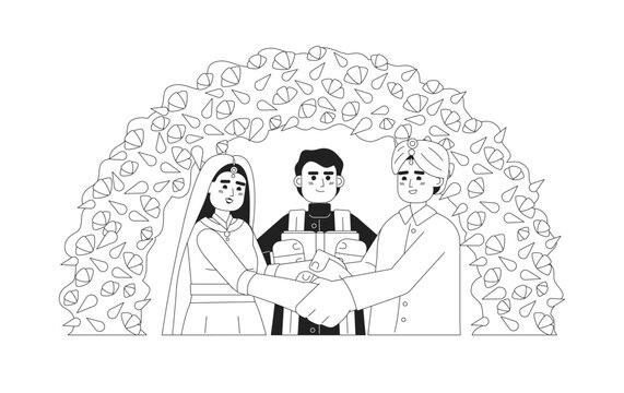 Indian prayer officiating bride groom hindu wedding monochromatic flat vector characters. Ceremonial event. Editable line half body people on white. Simple bw cartoon spot image for web graphic design