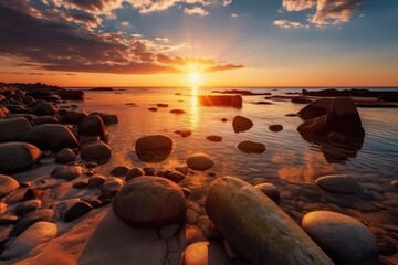 Fototapeta na wymiar Very nice sunset on a beach with many rocks
