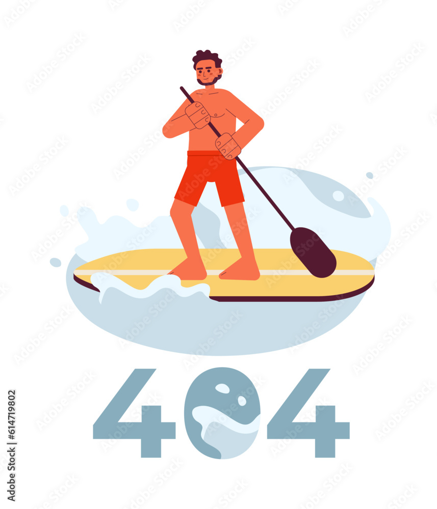 Poster indian man paddleboarding on lake error 404 flash message. stand up paddle board. empty state ui des