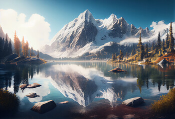  Majestic snow-capped mountains towering over a pristine alpine lake.