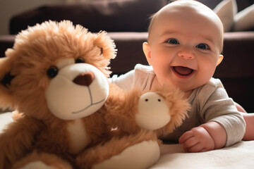 Close - up of fascinated baby touching stuffed animal in living room, giggling wide eyes full of wonder