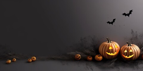 Autumn spooky halloween fun delight. Cute scary pumpkin, bats on a creative wallpaper celebrations for holiday Generative AI illustrations