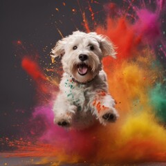 A cheerful playful dog jumps up among the colors of Holi, Bolognese on a bright multi-colored background, generative ai