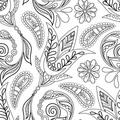 Fototapeta premium Folkloric Seamless Pattern with Paisley Flower, Nature Inspired Design Element. Ornate Abstract Pattern. Endless Texture for Fabric, Wallpaper etc. Vector Illustration Coloring Book Page