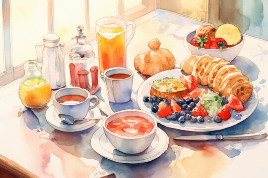 Croissant with berries and a cup of tea on table. Watercolor style. Breakfast, baking, desserts, food concept. Generative AI