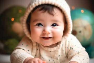 Cute smiling baby on light blurred background
