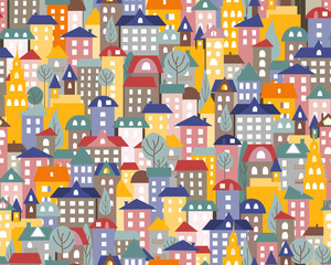 Abstract seamless pattern with houses. Background for fabric, textile, wallpaper, kindergarten. Vector illustration.