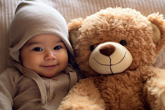 Close - up of fascinated baby touching stuffed animal in living room, giggling wide eyes full of wonder