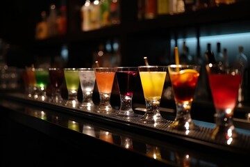 Shots in a party on the counter of a bar with fruits on top of the shots.Image ai generate