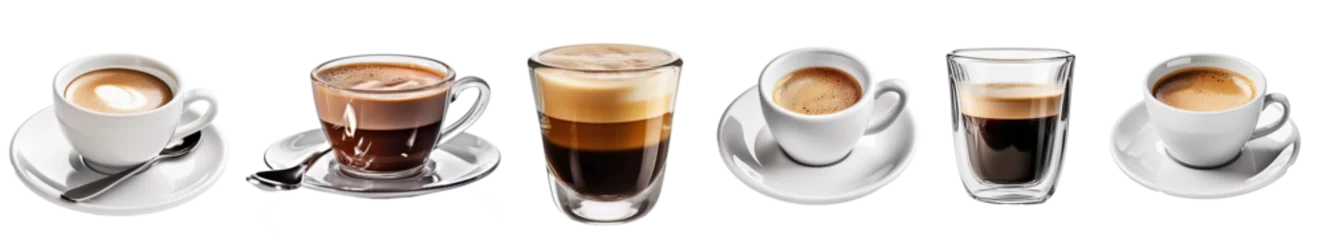 Foto op Plexiglas Set with cups of hot aromatic espresso coffee on transparent background. Banner design © losmostachos