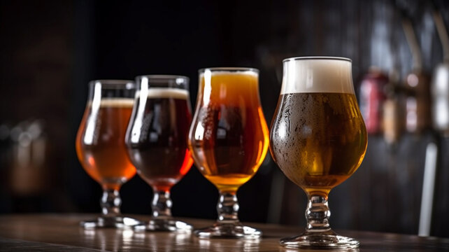 Close-up photo of beers on the counter of a bar. Studio lighting.Image ai generate