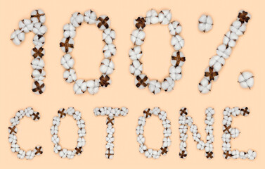 Lettering 100% cotone from Italian language means cotton, made of cotton flowers. Concept of organic raw material.