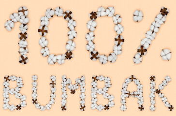 Lettering 100% bumbac from Rumanian language means cotton, made of cotton flowers. Concept of organic raw material.