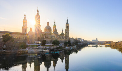 Panoramic view of the Cathedral of Pilar from the stone bridge