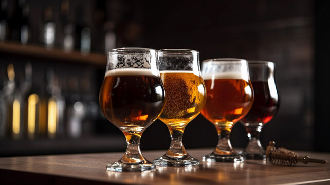 Close-up photo of beers on the counter of a bar. Studio lighting.Image ai generate