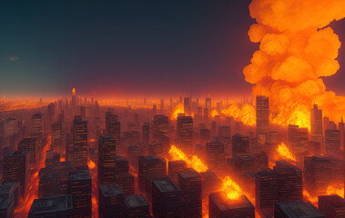 А modern city devastated by fire, explosions and chaos. Ai generated technology