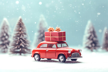 Retro red car with gift boxes and fir tree, Christmas card template Generative AI