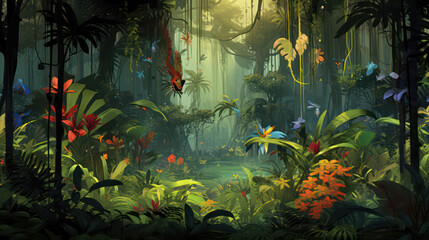 Beautiful digital illustration of a dense jungle with a pond in the middle