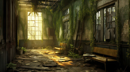 An artwork of an abandoned place with forgotten. The image shows a building decayed by time and nature.