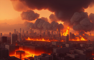 А modern city devastated by fire, explosions and chaos. Ai generated technology