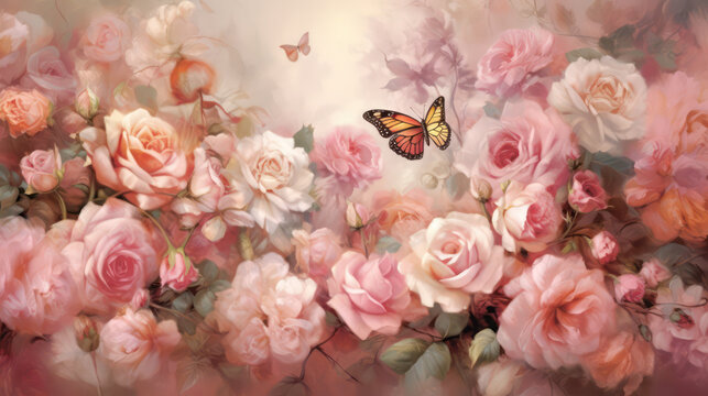 Digital Illustration of luminescent roses emitting a soft, ethereal glow with whimsical butterflies, drawn to the radiant beauty of the pink roses