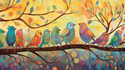 A scene filled with birds singing in harmony. The image uses colors, patterns, and textures to represent the diverse range of bird species and their unique songs