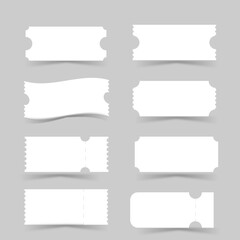 White blank tickets set. Realistic white mockup ticket for circus, concert, boarding, lottery, movie and coupon gray background