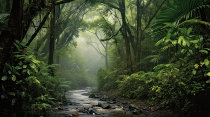 Fototapeta premium Stunning image of a torrential rainstorm in a lush tropical rainforest. It pouring down, forming cascades of water along towering tree trunks and creating a misty atmosphere