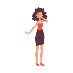 Vector Illustration of a pretty woman with long curly hair in a short evening dress and red shoes stands and covers her mouth with her hand in surprise, isolated on white background