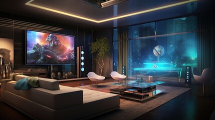 Modern futuristic living: relax in smart home luxury with a stylish indoor room filled with furniture, a large television, and a large screen-topped sofa