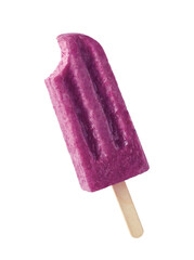 Bitten purple fruit and berry popsicle isolated on white background