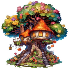Illustration of a fairy-tale house on a tree with a lot of flowers AI Generative