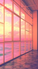 A futuristic room with a panoramic view of the endless ocean - witness the clouds, the sky, and the water in reflection at sunset/sunrise