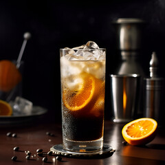 Espresso Tonic. Iced coffee drink with espresso, tonic soda and orange slice on dark background with coffee beans. Black Ice coffee in a tall glass with tonic and ice cubes, commercial shot. AI