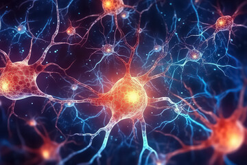 Conceptual illustration of neuron cells with glowing connection nodes in an abstract dark space.