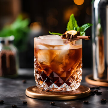 Espresso Tonic close up. Cold drink with espresso and tonic on dark blurred background with coffee beans. Black Ice coffee in a tall glass with tonic and ice cubes, commercial shot. AI