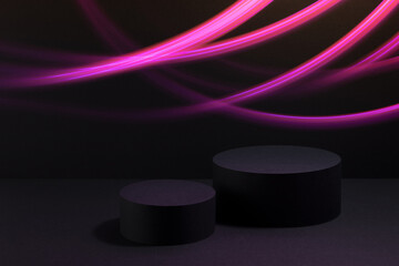 Black abstract stage with two circle podiums mockup with dynamic pink trails of flashes, lights for presentation cosmetic products, goods, design, advertising, black friday, hipster neon party style.