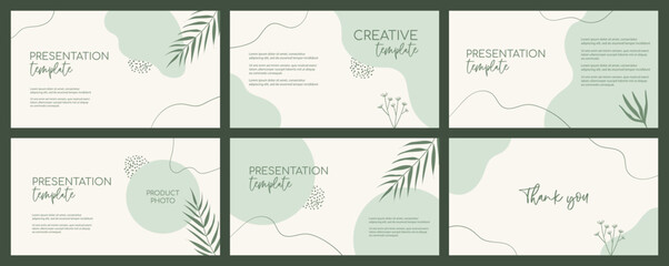 Presentation organic green templates. Natural floral green minimal vector backgrounds with organic shapes and palm leaves - obrazy, fototapety, plakaty