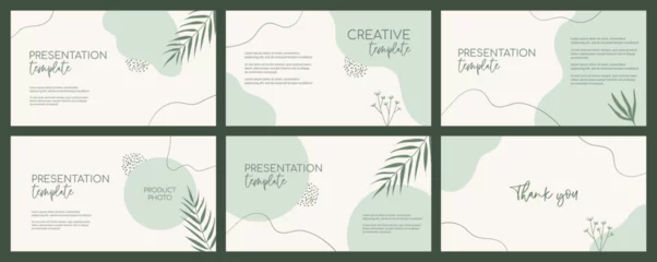 Fototapeten Presentation organic green templates. Natural floral green minimal vector backgrounds with organic shapes and palm leaves © Artulina