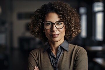 Fototapeta premium Portrait of a teacher in a classroom with students in the background. Teacher's day. Education concept.Image ai generate